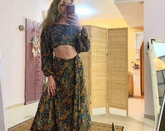 Boho Two piece set | wrap skirt with matching long sleeve top | bohemian outfit | goddess style | silky suit skirt and top | free loss size