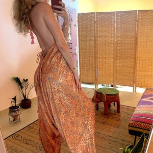 Silky backless long pants jumpsuit | orange flowy one pice | bohemian open back jumpsuit | goddess clothing | pixie dress | boho pants dress