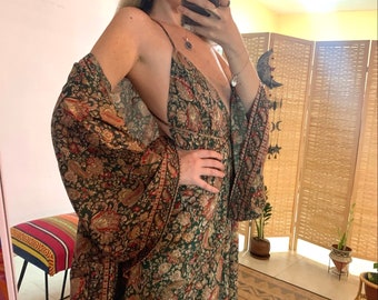 Goddess bohemian green backless dress suit  | kimono and dress set | free size | loose fit | summer dress set | luxury vacation | bell sleev