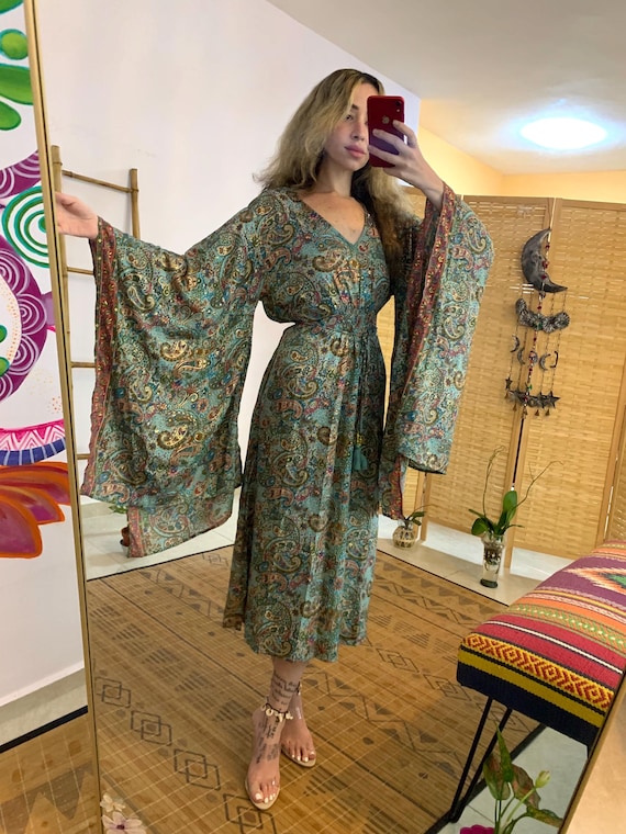 Bell Sleeve Midi Boho Dress With Gold Pattern| Bohemian Hippie Dress | Long Sleeve Dress | Side Slit Dress | Boho Ware | Flare Sleeve Dress