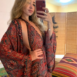 red dress and kimono matching set | backless  bohemian dress gold pattern | Hippie Boho two piece Outfit | high low dress set | goddess prom