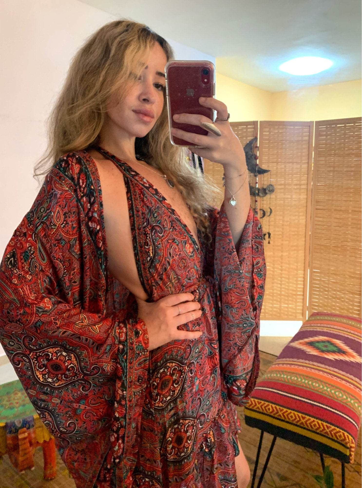 red dress and kimono matching set | backless  bohemian dress gold pattern | Hippie Boho two piece Outfit | high low dress set | goddess prom
