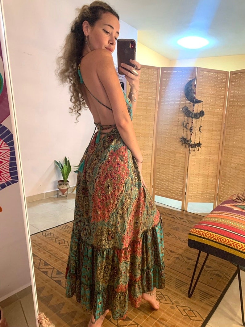 Abito boho di lusso abbinato / abito con schiena scoperta e set kimono con maniche a campana / abito setoso reale / abito hippie Boho in 2 pezzi / rave immagine 5