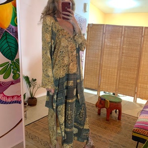 lotus flower bohemian dress set | long maxi dress with kimono | open back dress | free loss size | summer holiday vacation ware