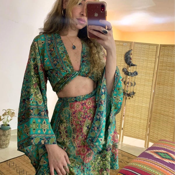 Bohemian midi wrap skirt and bell sleeve tie top set | summer boho outfit | goddess two piece set | gift for her | one loss size | skirt set