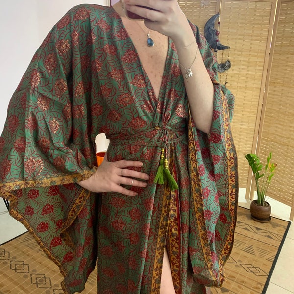 Golden silk one of a kind wrap dress Japanese kimono | goddess kimono coverup | bohemian gown | bridal robe | holiday vacation luxury dress