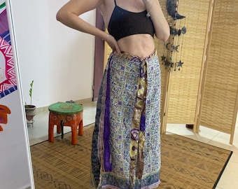 Wrap bohemian silk skirt | vintage boho skirt | one of a kind |free size | two in one | purple flower skirt |  gift for her | long maxi skir