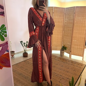 Bohemian two cut slit dress | long bell sleeve maxi dress | free size | hippie ethnic dress | loss fit | black and red dress | double Split