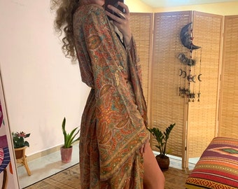 Orange green sparkle gold kimono | silky kimono |boho robe | festive clothing | beach wear | evening coverup