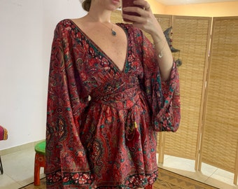 Bohemian high low open back dress | summer long dress | longer sleeve mini dress long back| free size | bell sleeve Red backless dress