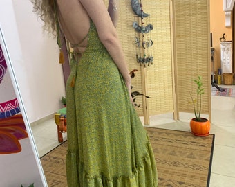 Goddess dress,boho dress, Boho maxi dress | Open back halter dress | Backless slip silk dress | Dress for vacation/festival outfit