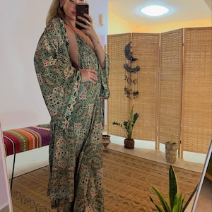 Ethnic bohemian green and turquoise dress set  | kimono and dress suit | free size loose fit | summer | holiday | prom |Hippie Boho 2 piece