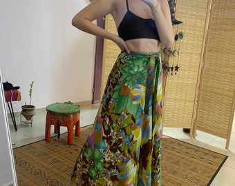 Flower tropical long maxi skirt | silk one of a kind wrap skirt | two way skirt | unique vintage long skirt | bohemian skirt | gift for her