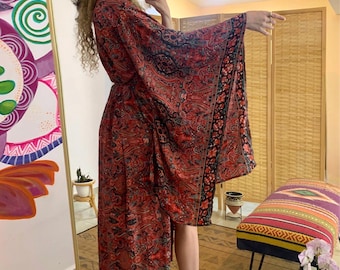Bell sleeve midi boho dress with gold pattern| bohemian hippie dress | long sleeve dress  | side slit dress | boho ware | flare sleeve dress
