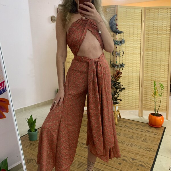 Hook collar top and pants set | backless dress | earthy style | bohemian outfit | festival | goddess ware | tie top set | scarf wrap top set
