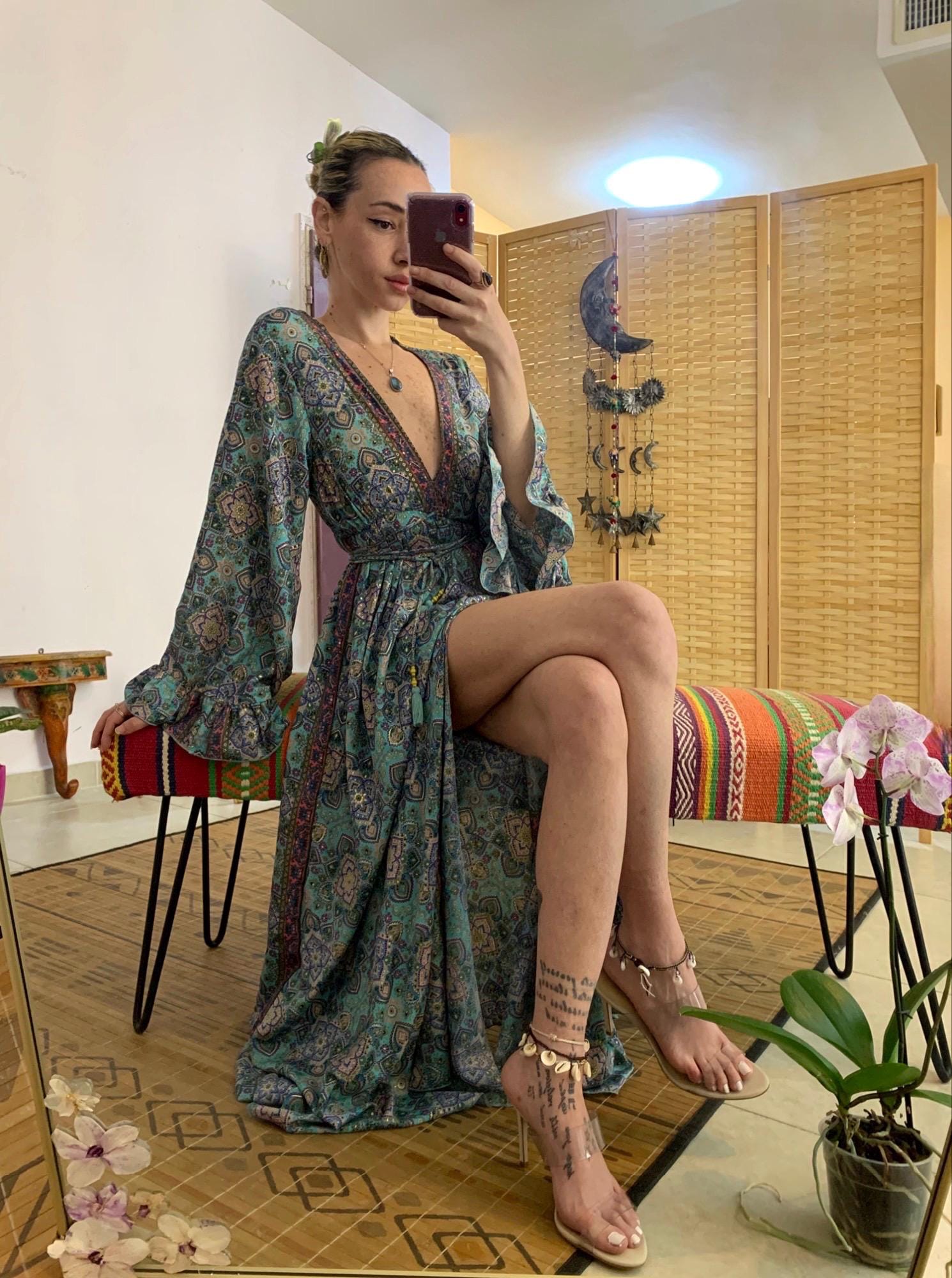 Slip Cut Silky Slit Maxi Dress | Slip Cut Maxi Bohemian Dress Golden Pattern ...