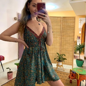 Blue backless bohemian mini dress | goddess dress | | ethnic hippie chic| free loss size | midi dress | halter v neck dress | summer short