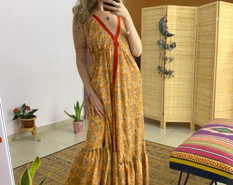 One of a kind orange yellow res open back dress | vintage silk dress,free size,bohemian ethnic,backless dress | holiday | summer