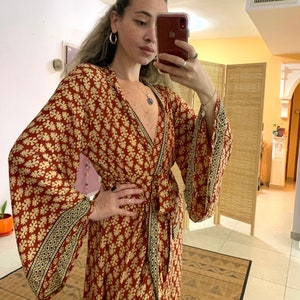 Boho clothing for woman | silky long midi duster robe | bell sleeve | rave kimono | festival clothing | goddess jacket | beach dress coverup