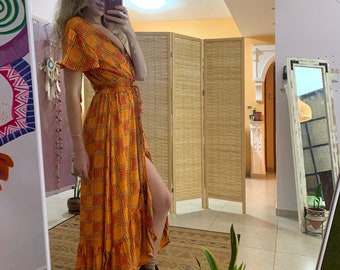 Bohemian buttoned Up backless long dress | | front slit dress | maxi long summer dress | gold patterns | open back boho dress| formal  pixie