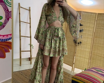 Bohemian silky bell sleeve  two piece set | coachella | party outfit | free size | flare sleeve | short in front long in back skirt and top