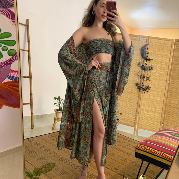 Bohemian 3 piece set | 2 slit skirt with strapless top and tie bell sleeve long kimono | sparkly gold patterns | goddess clothing | gift her