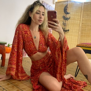 Bright boho Double cut slit skirt and bell sleeve tie top set | bohemian two piece set | festival outfit | hippie rave clothing | boho dress