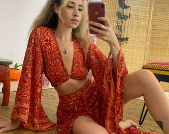 Bright boho Double cut slit skirt and bell sleeve tie top set | bohemian two piece set | festival outfit | hippie rave clothing | boho dress