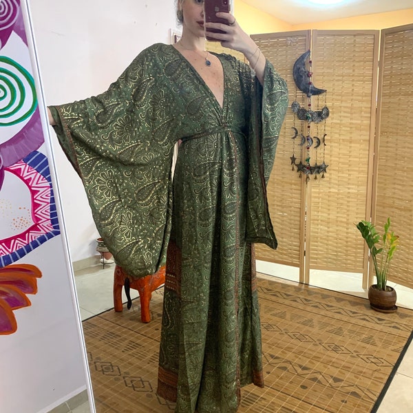 Golden silk one of a kind  luxurious wrap dress Japanese kimono | goddess coverup | bohemian gown | bridal robe | holiday vacation duster