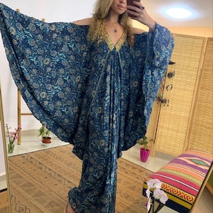 goddess angel sleeve dress with side slip and flower golden pattern | long v neack open back dress | bohemian oversized kaftan maxi dress