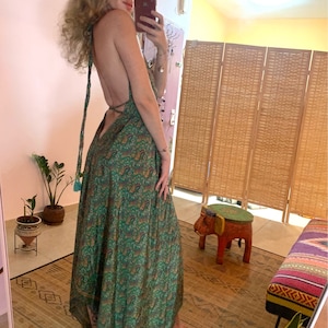 SMALL FOLT SALE backless goddess dress | bohemian dress , loose fit | open back long earthy dress | summer dress | green flower dress