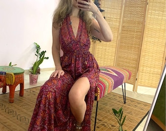 Side split bohemian dress | backless silky flower dress | ethnic earth chic | collar halter backless long dress | open back side cut dress