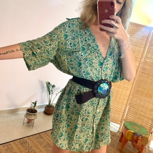Blue flower shirt dress | vintage bohemian top | silk tunic | man tropical shirt | button up boho blouse | one of a kind hand made