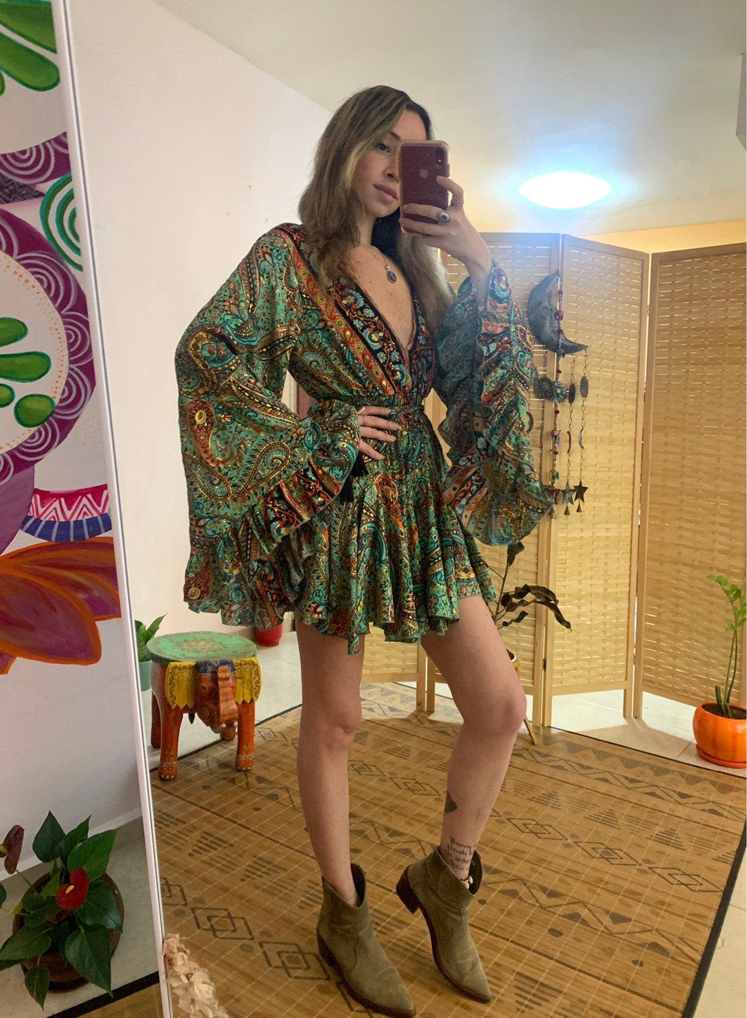 Boho Chic Long Sleeve Mini Shirt Dress Size S