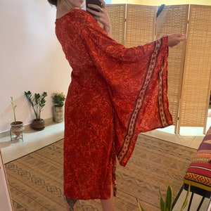 Bell sleeve midi flower red boho dress | bohemian hippie dress | long sleeve dress  | side slit dress | boho ware | flare sleeve dress