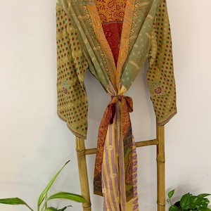 Färgglad unik sidenkimono | lyxig överdragsklänning | bohemisk morgonrock | loungekläder | festivalkläder | unisexkimono