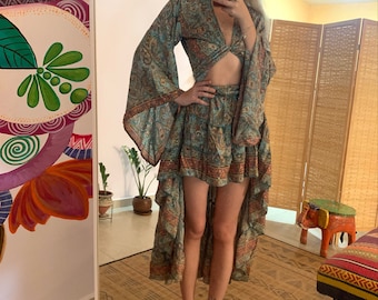 Bohemian silky bell sleeve  two piece set | coachella | party outfit | free size | flare sleeve | short in front long in back skirt and top