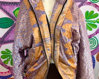 Silk one of a kind  jacket | vintage zipper winter jacket | bohemian  coat| unisex jacket | rave clothing | luxury silk jacket | women gift