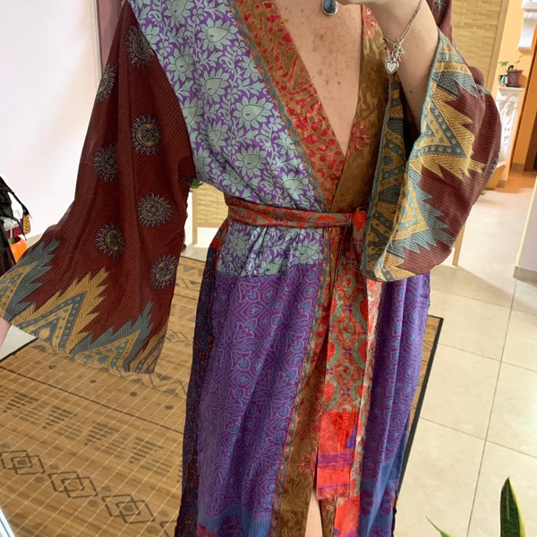 Patchwork colorful bohemian kimono | wrap silk one of a kind goddess robe | unique one of kind silk blouse robe | bell sleeve midi kimono