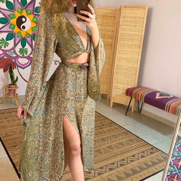 Boho shirt and top, 2 pieces set, tai crop,festival outfit\festival set/set skirt top/bohamian set/to piece set/green set woman/flory dress/