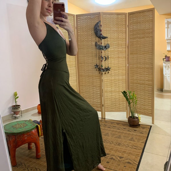Cross back olive green long maxi goddess dress | bohemian pixie dress | loss size | rave backless dress | string back lace up dress |