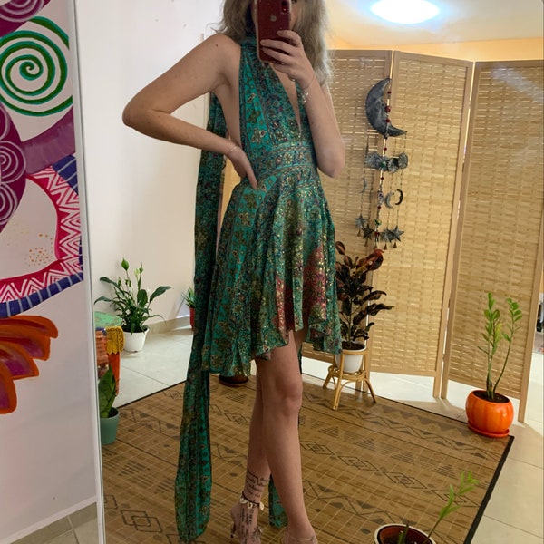 Turquoise sparkle gold multi way tie bohemian short dress | boho clothing for woman | mini goddess backless dress | flowy boho dress | rave