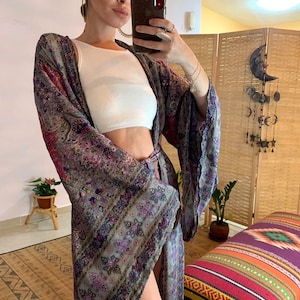 Bohemian silky purple sparkly gold kimono  | festive outfit | Royal evening coverup | hippie style | luxury boho spa bell sleeve wrap jacket