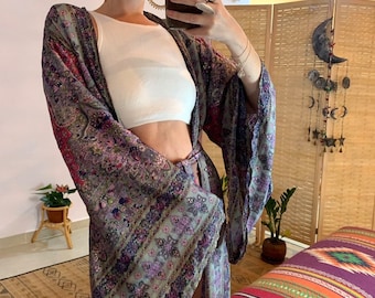 Boho silkeslen lila glittrande guldkimono | festlig outfit | Kunglig kvällsklänning | hippiestil | lyxig boho spa-omlottjacka med klockärm