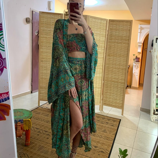 Bohemian silky turquoise matching 3 pice set | slit cut skirt strapless top and kimono set | royal luxury outfit | goddess evening set |set