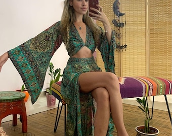 Boho shirt and top | 2 pieces set | turquoise two cut slit skirt and bell sleeve tie top outfit | evening ware | festival clothing | goddess