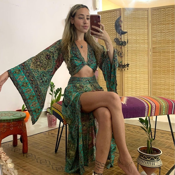 Boho skirt and top | 2 pieces set | turquoise two cut slit skirt and bell sleeve tie top outfit | evening ware | festival clothing | goddess