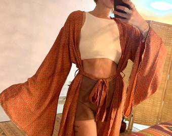 Silky bell sleeve bohemian kimono,boho coverup robe,hippie holiday midi kimono | goddess beachwear | flare sleeve duster | orange kimono