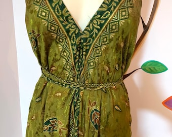 One of a kind vintage silk dress, forest olive green summer maxi dress ,free size,bohemian ethnic dress,backless dress,rave clothing woman