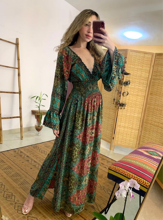 bohemian style dress characteristics Long | Long Bell Sleeve Maxi Dress | Free Size Loss Fit Dress | Turquoise and Golden Sparkle Pattern Dress | Gift for Her bohemian outfit ideas for female